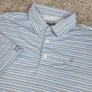 Straight Down Mens Medium White Blue‎ Gold Striped Performance Stretch Golf Polo